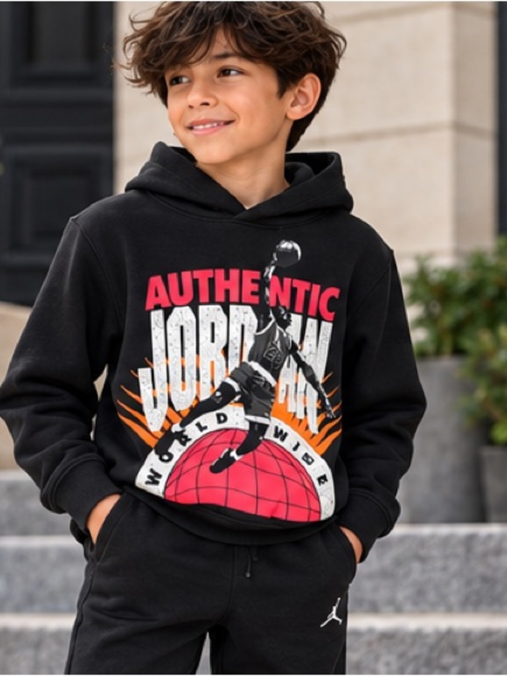 Jordan Black Kids Hoodie with Red and Orange Graphic
